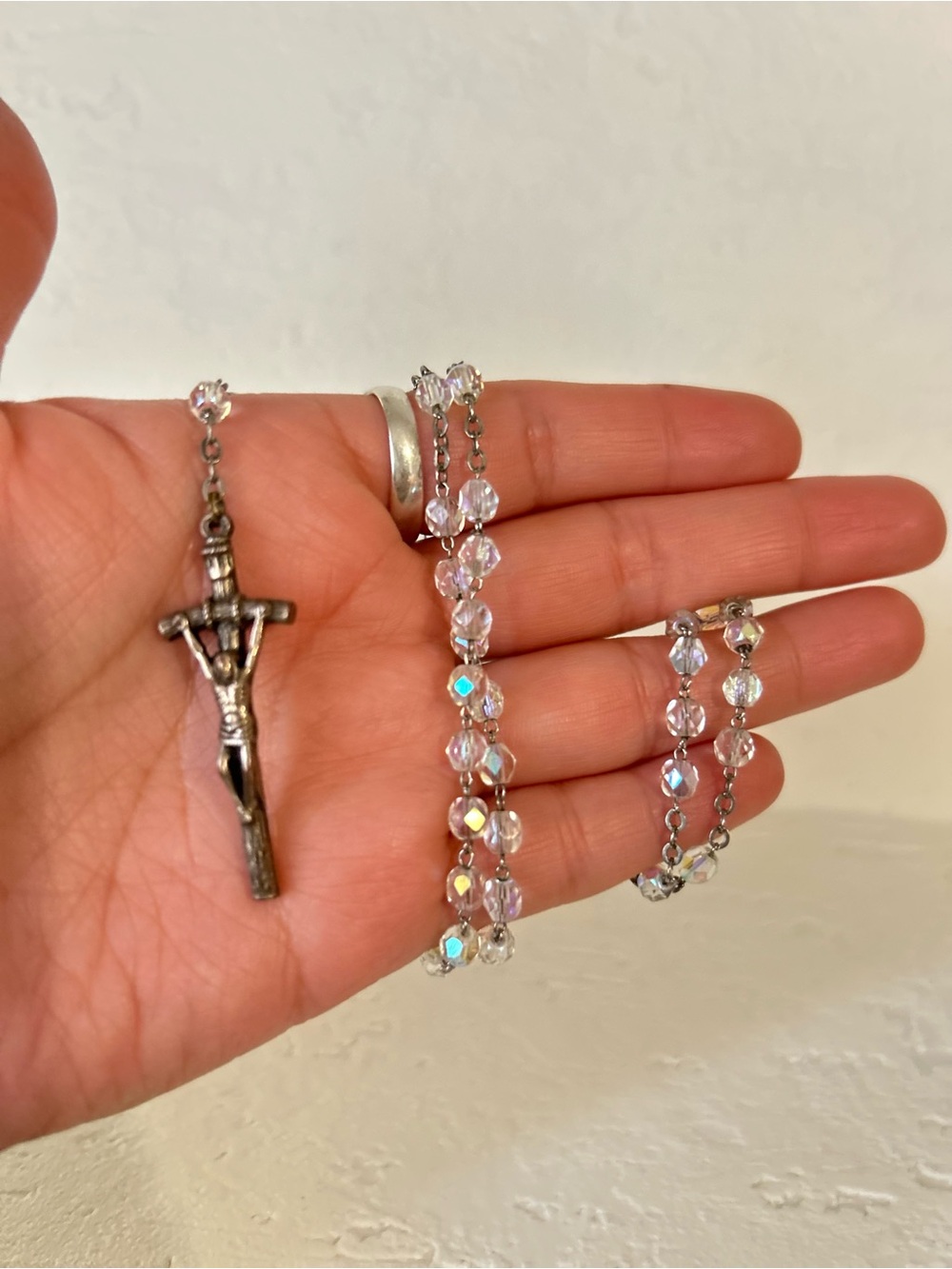 Crystal Rosary Necklace with Silver Crucifix